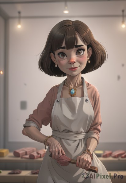 1girl,solo,looking at viewer,blush,smile,short hair,bangs,brown hair,holding,brown eyes,jewelry,closed mouth,standing,cowboy shot,earrings,food,indoors,medium hair,necklace,blurry,apron,bracelet,lips,makeup,depth of field,blurry background,bob cut,thick eyebrows,lipstick,gem,white apron,sleeves rolled up,beads,red lips,bead bracelet,kitchen,sleeves pushed up,sleeves past elbows,mascara,frying pan,spatula,dress