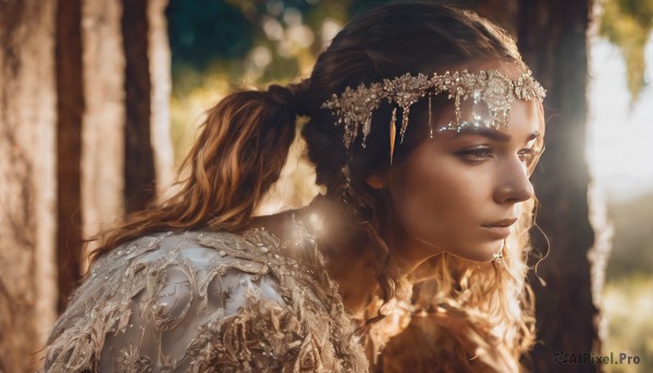 1girl,solo,long hair,brown hair,brown eyes,jewelry,closed mouth,upper body,ponytail,dark skin,armor,blurry,from side,lips,eyelashes,depth of field,blurry background,wavy hair,shoulder armor,portrait,pauldrons,circlet,realistic,nose,head chain,black hair,hair ornament