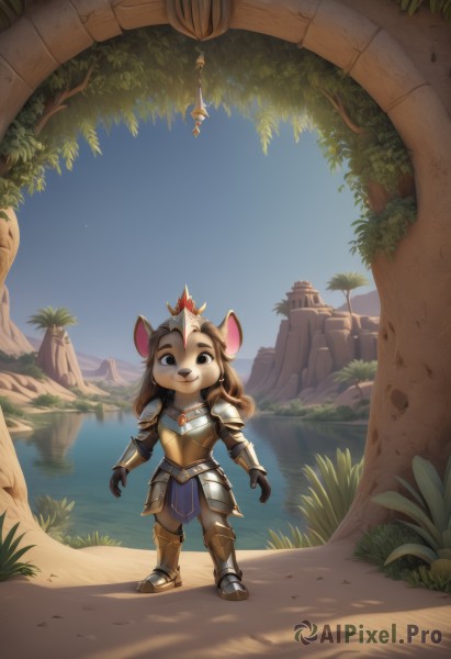 1girl,solo,long hair,looking at viewer,smile,bangs,brown hair,gloves,animal ears,brown eyes,closed mouth,standing,tail,full body,boots,outdoors,sky,day,black gloves,artist name,signature,water,armor,black eyes,flat chest,tree,blue sky,watermark,happy,grass,crown,plant,shoulder armor,gauntlets,gem,scenery,pelvic curtain,furry,breastplate,mouse ears,furry female,armored boots,body fur,greaves,faulds,animal nose,brown fur,sidelocks,teeth,cloud,:3,helmet,forehead,reflection,arms at sides,bush,white fur,castle,full armor,snout,two-tone fur,mouse girl,arch