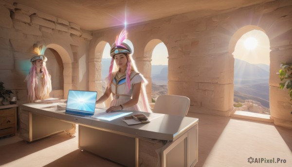 1girl,solo,long hair,smile,gloves,hat,dress,jewelry,sitting,closed mouth,closed eyes,pink hair,multicolored hair,sleeveless,indoors,water,necklace,white dress,bracelet,window,table,sunlight,helmet,feathers,plant,scenery,sun,potted plant,computer,hat feather,laptop,blue eyes,multiple girls,2girls,short sleeves,sailor collar,uniform,book,chair,hair tubes,desk