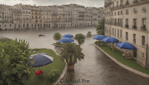 outdoors,sky,day,cloud,water,tree,no humans,window,ocean,umbrella,chair,beach,grass,plant,ground vehicle,building,scenery,motor vehicle,city,sand,palm tree,car,potted plant,road,bush,cityscape,parasol,watercraft,house,lamppost,beach umbrella,street,boat,lounge chair,beach chair,table,tower