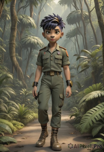 solo,looking at viewer,black hair,1boy,brown eyes,jewelry,standing,full body,short sleeves,male focus,earrings,boots,outdoors,day,belt,pants,dark skin,uniform,bracelet,tree,military,military uniform,brown footwear,dark-skinned male,plant,child,nature,forest,walking,pocket,male child,smile,short hair,shirt,blue hair,jacket,purple hair,teeth,lips,leaf,thick eyebrows,grass,spiked hair,wristband,green pants,medal