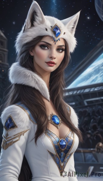 1girl,solo,long hair,breasts,looking at viewer,brown hair,long sleeves,hat,dress,animal ears,cleavage,brown eyes,jewelry,medium breasts,closed mouth,upper body,sky,solo focus,artist name,signature,hood,white dress,blurry,lips,coat,fur trim,makeup,blurry background,lipstick,brooch,gem,star (sky),web address,snow,starry sky,animal hood,nose,winter clothes,red lips,space,planet,earth (planet),black hair,parted lips,necklace,eyeshadow,realistic,animal hat,pelt