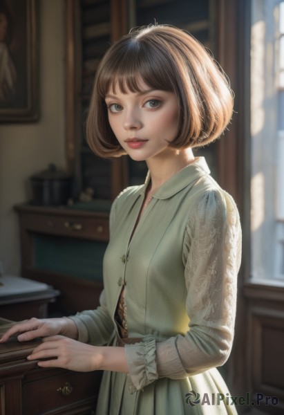 1girl,solo,looking at viewer,smile,short hair,bangs,brown hair,long sleeves,dress,brown eyes,closed mouth,standing,artist name,indoors,signature,bag,blurry,lips,looking to the side,grey eyes,window,depth of field,blurry background,table,bob cut,green dress,handbag,shoulder bag,realistic,nose,picture frame,breasts,skirt,shirt,jewelry,upper body,sunlight,freckles