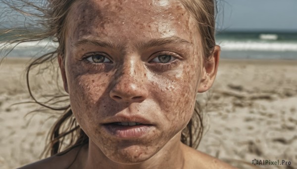 1girl,solo,long hair,looking at viewer,brown hair,brown eyes,outdoors,parted lips,teeth,day,mole,blurry,lips,floating hair,blurry background,portrait,freckles,realistic,dirty,dirty face,mole on cheek,1boy,male focus,depth of field,wind,close-up,photo background