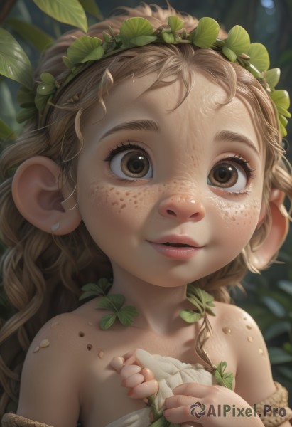 1girl,solo,long hair,looking at viewer,smile,blonde hair,brown hair,bare shoulders,brown eyes,jewelry,upper body,earrings,outdoors,parted lips,teeth,blurry,flat chest,lips,blurry background,leaf,plant,child,freckles,realistic,female child,head wreath,dress,eyelashes,strapless,own hands together,close-up,dirty