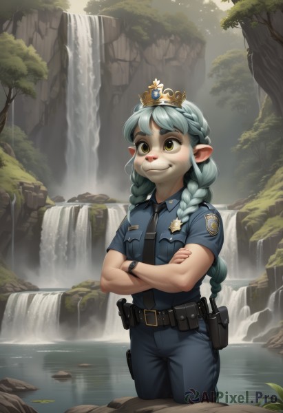 1girl,solo,long hair,smile,bangs,shirt,animal ears,twintails,brown eyes,closed mouth,blue hair,standing,yellow eyes,braid,short sleeves,cowboy shot,outdoors,green hair,necktie,day,pointy ears,collared shirt,belt,pants,artist name,water,uniform,twin braids,tree,gun,aqua hair,watermark,crossed arms,thick eyebrows,crown,looking up,blue shirt,nature,black necktie,furry,handgun,wading,forest,pocket,watch,black belt,furry female,blue pants,breast pocket,holster,body fur,police,police uniform,waterfall,policewoman,grey hair,tiara,pouch