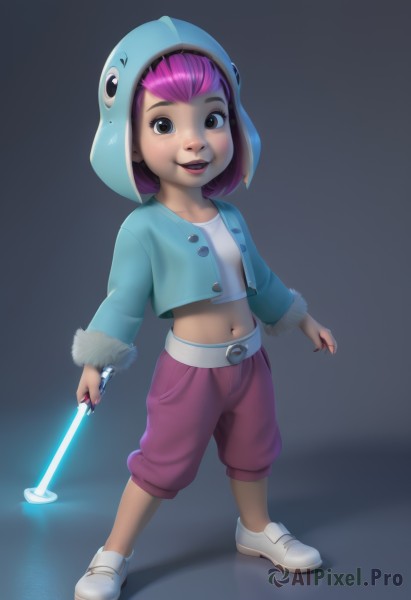 1girl,solo,looking at viewer,smile,short hair,open mouth,navel,holding,brown eyes,standing,jacket,full body,weapon,pink hair,purple hair,shoes,shorts,midriff,belt,pants,sword,hood,holding weapon,flat chest,lips,crop top,holding sword,child,female child,energy sword,lightsaber,blue eyes,hat,teeth,fur trim,glowing,science fiction,humanization