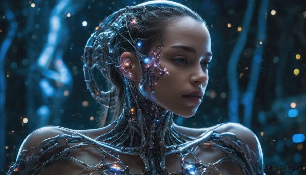 1girl, solo, blue eyes, bare shoulders, upper body, parted lips, blurry, lips, blurry background, glowing, looking away, science fiction, realistic, nose, android, cable, cyborg, cyberpunk, mechanical parts