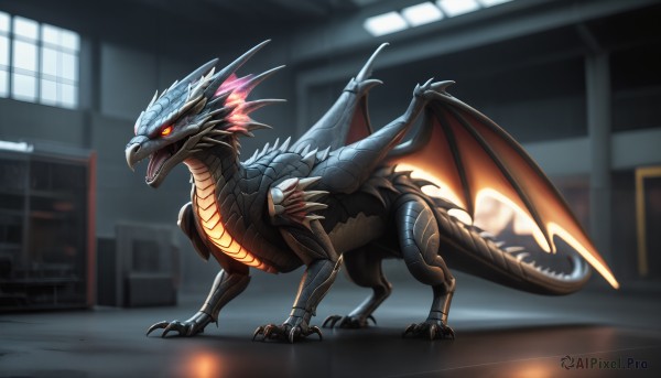 HQ,solo,open mouth,red eyes,standing,tail,full body,wings,teeth,indoors,blurry,orange eyes,pokemon (creature),no humans,window,blurry background,glowing,fangs,sharp teeth,glowing eyes,claws,spikes,colored sclera,monster,dragon,scales,tongue