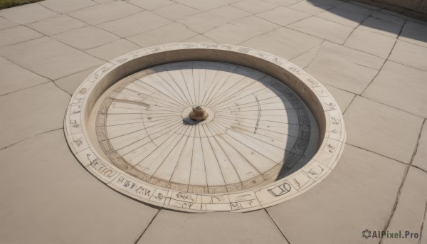 outdoors,day,no humans,shadow,grass,scenery,clock,tiles,road,tile floor,wheel,pavement,english text,from above,still life