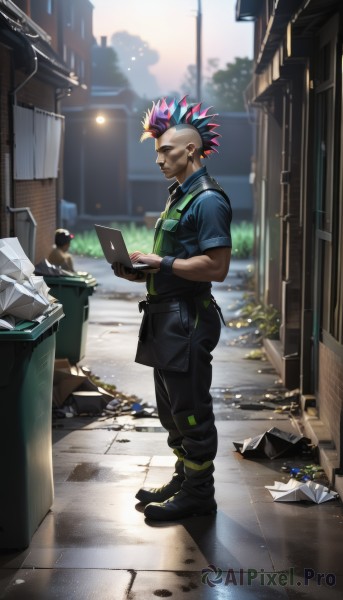 short hair,shirt,black hair,gloves,1boy,holding,jewelry,closed mouth,standing,full body,pink hair,short sleeves,male focus,multicolored hair,boots,outdoors,multiple boys,teeth,solo focus,day,black gloves,pants,dark skin,2boys,black footwear,blurry,uniform,apron,from side,two-tone hair,facial hair,bird,black pants,dark-skinned male,spiked hair,building,box,paper,bald,clipboard,police uniform,employee uniform,mohawk,solo,blue hair,earrings,piercing,ear piercing,lamp