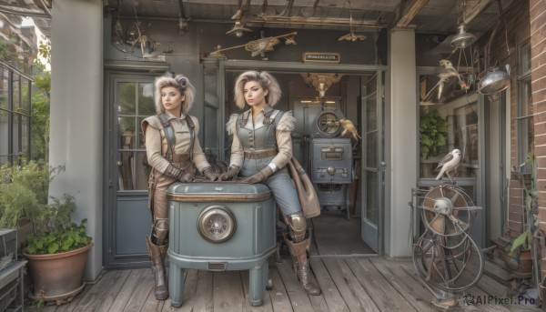 breasts,smile,short hair,multiple girls,brown hair,shirt,gloves,long sleeves,2girls,brown eyes,sitting,standing,white shirt,boots,black gloves,belt,pants,indoors,bag,hair bun,lips,window,bird,brown footwear,single hair bun,knee boots,plant,goggles,ground vehicle,scenery,brown gloves,cross-laced footwear,wooden floor,door,potted plant,overalls,knee pads,bicycle,light bulb,industrial pipe,long hair,black hair,hair ornament,ponytail,realistic,clock,jumpsuit,dove,steampunk