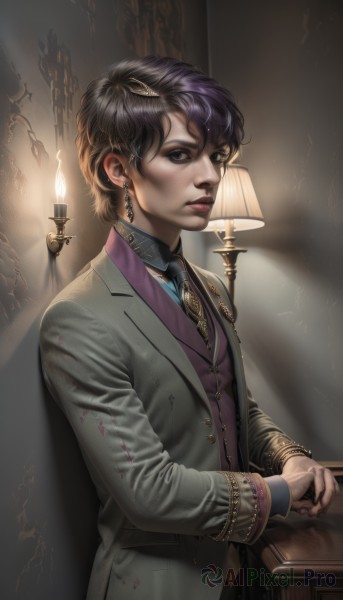 1girl,solo,looking at viewer,short hair,bangs,shirt,black hair,long sleeves,1boy,jewelry,standing,jacket,upper body,purple hair,male focus,earrings,parted lips,necktie,collared shirt,pants,indoors,signature,black eyes,vest,lips,makeup,buttons,formal,suit,realistic,grey jacket,nose,lamp,candle,waistcoat,candlestand,candlelight,hair ornament,watermark