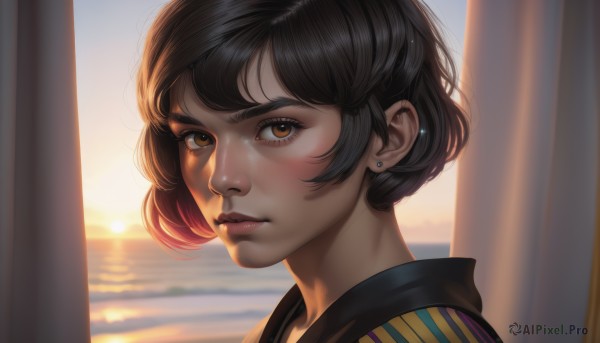 1girl,solo,looking at viewer,blush,short hair,bangs,brown hair,black hair,brown eyes,jewelry,closed mouth,earrings,sky,water,blurry,lips,eyelashes,blurry background,ocean,piercing,sunlight,curtains,ear piercing,portrait,backlighting,sunset,realistic,nose,stud earrings,outdoors,thick eyebrows,close-up,thick lips