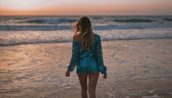 1girl,solo,long hair,brown hair,shirt,long sleeves,dress,bare shoulders,standing,outdoors,sky,water,off shoulder,from behind,blurry,blurry background,feet out of frame,blue dress,ocean,beach,short dress,blue shirt,scenery,clenched hands,sunset,sand,arms at sides,horizon,facing away,waves,photo background,shore,blonde hair,jacket,shorts,sleeves past wrists,bare legs,depth of field