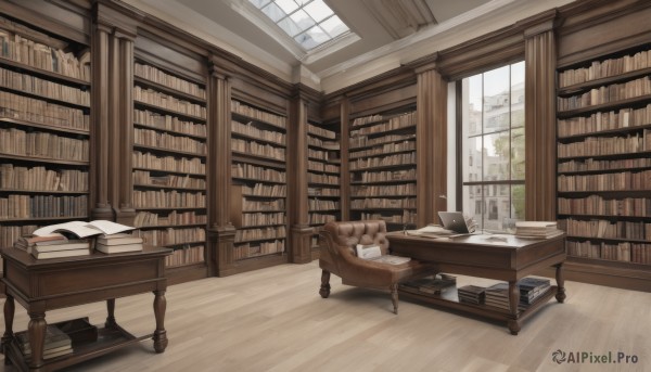 day,indoors,tree,cup,book,no humans,window,chair,table,curtains,scenery,couch,desk,wooden floor,paper,open book,bookshelf,lamp,book stack,library