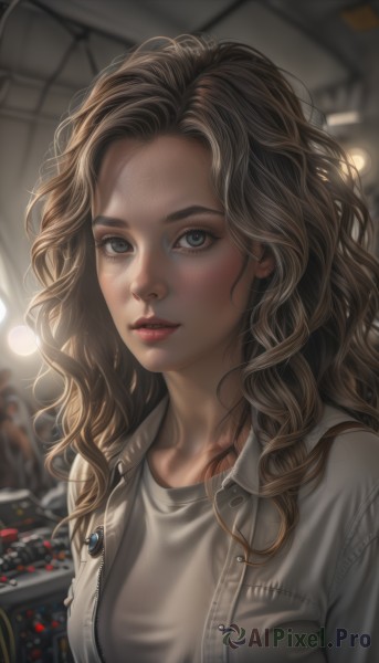 1girl,solo,long hair,breasts,looking at viewer,blue eyes,brown hair,shirt,medium breasts,collarbone,jacket,white shirt,upper body,parted lips,open clothes,indoors,blurry,open jacket,lips,grey eyes,eyelashes,blurry background,wavy hair,grey shirt,forehead,freckles,curly hair,realistic,nose,jewelry,teeth,tattoo,makeup,watermark,red lips