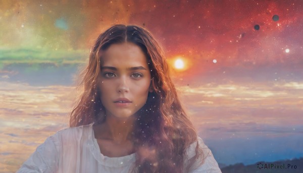 1girl,solo,long hair,looking at viewer,brown hair,shirt,black hair,brown eyes,white shirt,upper body,outdoors,parted lips,sky,cloud,dark skin,dark-skinned female,lips,wet,star (sky),forehead,starry sky,sunset,realistic,nose,sun,wet hair,teeth,portrait,planet