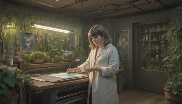 1girl,solo,short hair,bangs,brown hair,long sleeves,holding,closed mouth,standing,closed eyes,flower,cowboy shot,indoors,medium hair,lips,coat,table,plant,scenery,wooden floor,paper,realistic,purple flower,labcoat,pen,potted plant,pencil,drawing,holding pen,stylus,drawing tablet,holding stylus