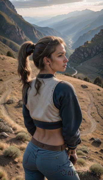 1girl,solo,long hair,looking at viewer,blue eyes,brown hair,long sleeves,holding,standing,ponytail,weapon,ass,cowboy shot,outdoors,sky,day,midriff,belt,looking back,pants,from behind,holding weapon,vest,lips,crop top,gun,profile,back,denim,holding gun,smoke,watch,cigarette,jeans,rock,mountain,realistic,nose,smoking,blue pants,river,raglan sleeves,hair pulled back