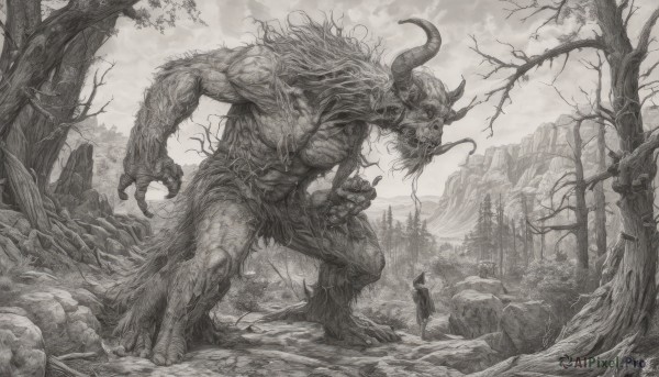 open mouth,1boy,holding,standing,monochrome,weapon,greyscale,outdoors,horns,sky,teeth,artist name,cloud,signature,looking at another,tree,nature,scenery,claws,1other,forest,skull,monster,fantasy,size difference,giant,bare tree,fangs,cloudy sky,sharp teeth,rock,mountain,skeleton,ambiguous gender,horror (theme)