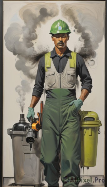 solo,looking at viewer,shirt,gloves,1boy,hat,holding,standing,male focus,collared shirt,pants,dark skin,vest,black shirt,facial hair,dark-skinned male,smoke,hand in pocket,green headwear,mustache,overalls,green gloves,brown hair,border,helmet,black border,green vest