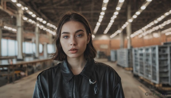 1girl,solo,looking at viewer,short hair,blue eyes,brown hair,shirt,black hair,jewelry,jacket,upper body,earrings,parted lips,tongue,indoors,tongue out,medium hair,blurry,lips,black jacket,black shirt,depth of field,blurry background,forehead,zipper,freckles,realistic,leather,leather jacket,photo background,ceiling light,piercing,thick eyebrows,ear piercing,nose,nose piercing,denim jacket