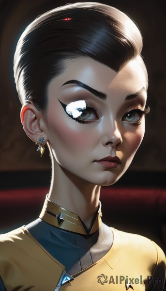 1girl,solo,looking at viewer,short hair,blue eyes,black hair,jewelry,closed mouth,upper body,earrings,lips,grey eyes,eyelashes,makeup,lipstick,gem,portrait,forehead,realistic,nose,red lips,eyeliner,very short hair,blush,brown hair,green eyes,uniform,piercing,eyeshadow,mascara