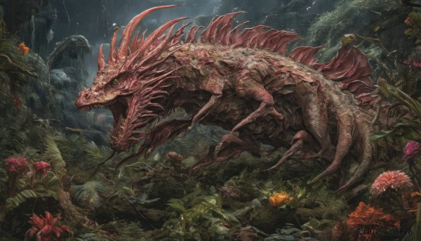 A tranquil view of a monster in rainy outdoors
