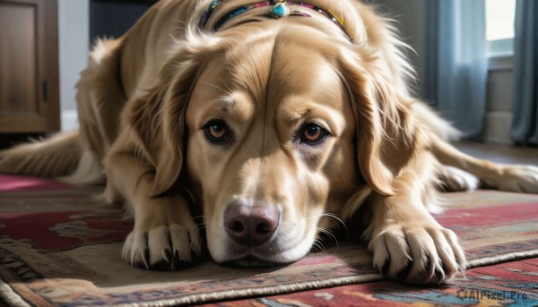 HQ,looking at viewer,brown eyes,lying,indoors,blurry,no humans,window,depth of field,blurry background,animal,on stomach,curtains,dog,wooden floor,realistic,on floor,animal focus,whiskers,carpet,rug,solo,day,watermark,gem,claws,brown fur