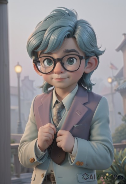 1girl,solo,looking at viewer,smile,short hair,bangs,blue eyes,shirt,long sleeves,closed mouth,green eyes,blue hair,jacket,white shirt,upper body,outdoors,necktie,glasses,collared shirt,belt,medium hair,blurry,vest,lips,buttons,blurry background,formal,thick eyebrows,suit,building,child,black necktie,freckles,black-framed eyewear,female child,brown belt,lamppost,brown necktie,1boy,male focus,artist name,depth of field,aged down,realistic,male child