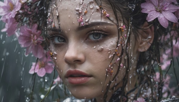 1girl, solo, looking at viewer, black hair, hair ornament, flower, parted lips, artist name, hair flower, blurry, black eyes, lips, wet, eyelashes, portrait, close-up, pink flower, rain, water drop, realistic, nose