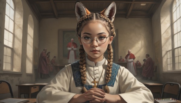 1girl,solo,long hair,looking at viewer,blue eyes,brown hair,long sleeves,animal ears,jewelry,sitting,closed mouth,upper body,braid,multiple boys,glasses,solo focus,day,indoors,cat ears,necklace,black eyes,twin braids,lips,window,chair,table,sunlight,own hands together,cross,interlocked fingers,forehead,desk,6+boys,robe,round eyewear,own hands clasped,cross necklace,church,priest,black hair,dress,brown eyes,wide sleeves,fingernails,animal ear fluff,book,hair over shoulder,extra ears,freckles,realistic,nose,red lips,multiple others