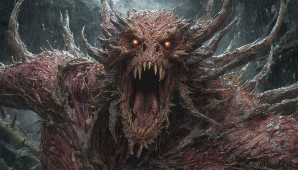 looking at viewer,open mouth,red eyes,outdoors,horns,sky,teeth,cloud,no humans,glowing,fangs,cloudy sky,sharp teeth,glowing eyes,claws,spikes,rain,monster,solo,tongue,fantasy,dragon,scales,glowing eye,horror (theme),eldritch abomination