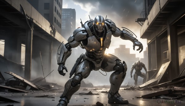 HQ,1boy,standing,yellow eyes,weapon,outdoors,multiple boys,sky,cloud,2boys,armor,military,no humans,glowing,cloudy sky,robot,building,mecha,glowing eyes,motor vehicle,smoke,science fiction,city,realistic,military vehicle,car,cable,one knee,ruins,damaged,open hands,power armor,debris,dust,destruction,helicopter,arm blade,solo focus,orange eyes,helmet,rain,battle,giant,cyborg,soldier,kaijuu