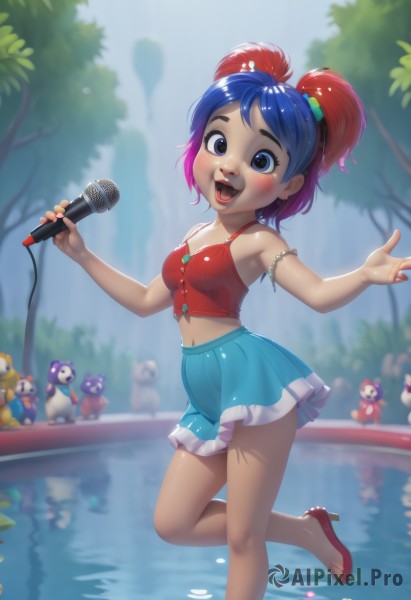 1girl,solo,breasts,looking at viewer,blush,smile,short hair,open mouth,blue eyes,skirt,shirt,hair ornament,navel,holding,bare shoulders,blue hair,standing,:d,red hair,multicolored hair,pleated skirt,small breasts,outdoors,shoes,teeth,sleeveless,solo focus,midriff,shiny,miniskirt,water,nail polish,blurry,high heels,two-tone hair,tree,lips,blue skirt,gradient hair,makeup,blurry background,upper teeth only,leg up,sandals,standing on one leg,frilled skirt,lipstick,red footwear,red shirt,microphone,pink nails,armlet,music,spaghetti strap,holding microphone,singing,idol,bangs,twintails,medium breasts,sky,day,artist name,crop top,fingernails,eyelashes,bare legs,watermark,stuffed toy,stuffed animal,hair bobbles,short twintails,child,web address,red lips,humanization,aqua skirt