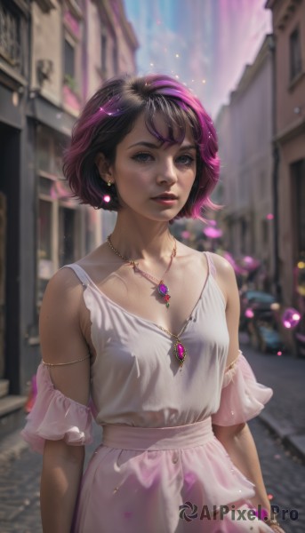 1girl,solo,breasts,looking at viewer,short hair,bangs,black hair,dress,cleavage,bare shoulders,brown eyes,jewelry,standing,collarbone,upper body,pink hair,purple hair,multicolored hair,cowboy shot,earrings,small breasts,outdoors,parted lips,detached sleeves,sleeveless,day,artist name,necklace,white dress,mole,blurry,black eyes,bracelet,two-tone hair,lips,eyelashes,makeup,sleeveless dress,depth of field,blurry background,watermark,lipstick,building,gem,pink dress,web address,armlet,pendant,freckles,city,realistic,nose,arms at sides,red lips,street,mascara,blue eyes,green eyes,teeth,sunlight,ground vehicle,motor vehicle,car,road