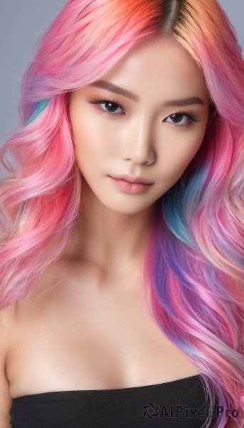 1girl,solo,long hair,breasts,looking at viewer,simple background,cleavage,bare shoulders,brown eyes,medium breasts,closed mouth,collarbone,upper body,pink hair,multicolored hair,grey background,black eyes,two-tone hair,lips,head tilt,eyelashes,strapless,makeup,realistic,nose,blue hair,wavy hair,portrait,rainbow hair