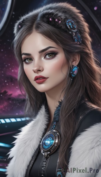 1girl,solo,long hair,looking at viewer,brown hair,hair ornament,brown eyes,jewelry,upper body,earrings,parted lips,artist name,lips,fur trim,eyelashes,makeup,lipstick,gem,portrait,star (sky),eyeshadow,freckles,realistic,nose,red lips,space,black hair,yellow eyes,forehead