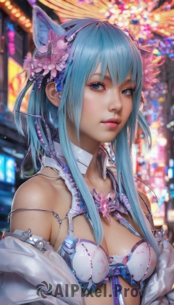 1girl,solo,long hair,breasts,looking at viewer,bangs,blue eyes,hair ornament,animal ears,cleavage,bare shoulders,medium breasts,underwear,blue hair,upper body,flower,sidelocks,hairband,small breasts,cat ears,hair flower,bra,blurry,lips,aqua hair,blurry background,realistic,nose,closed mouth,artist name,signature,eyelashes,depth of field,strap slip,white bra,pink lips