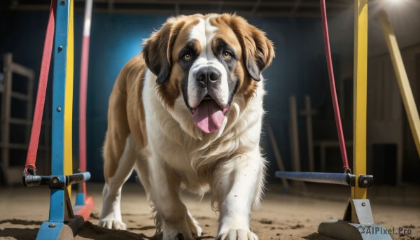 HQ,open mouth,brown eyes,tongue,indoors,tongue out,blurry,no humans,blurry background,animal,dog,realistic,leash,animal focus,solo,looking at viewer,standing,full body,outdoors