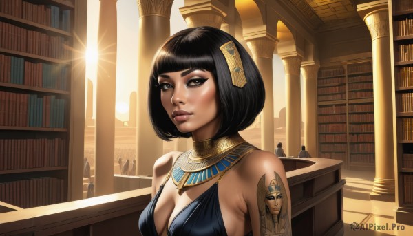 1girl,solo,breasts,looking at viewer,short hair,bangs,black hair,hair ornament,dress,cleavage,bare shoulders,brown eyes,jewelry,medium breasts,upper body,indoors,dark skin,blunt bangs,black dress,dark-skinned female,lips,book,sideboob,tattoo,makeup,sunlight,bob cut,eyeshadow,nose,bookshelf,eyeliner,neck ring,library,egyptian,egyptian clothes,ankh,solo focus,statue,gorget