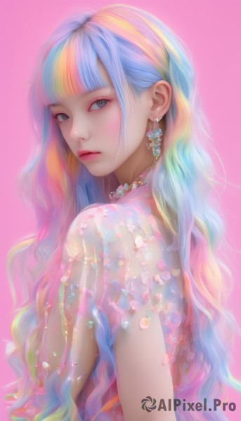 1girl,solo,long hair,looking at viewer,bangs,blue eyes,blonde hair,simple background,dress,jewelry,closed mouth,blue hair,upper body,pink hair,short sleeves,multicolored hair,earrings,looking back,blunt bangs,necklace,from side,two-tone hair,lips,streaked hair,see-through,grey eyes,eyelashes,makeup,wavy hair,pink background,lipstick,eyeshadow,realistic,nose,rainbow hair,breasts,bare shoulders,colorful