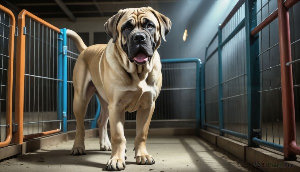 HQ,solo,open mouth,brown eyes,tail,outdoors,tongue,indoors,tongue out,no humans,shadow,animal,dog,stairs,realistic,door,animal focus,standing,collar,sunlight,light rays,railing,light