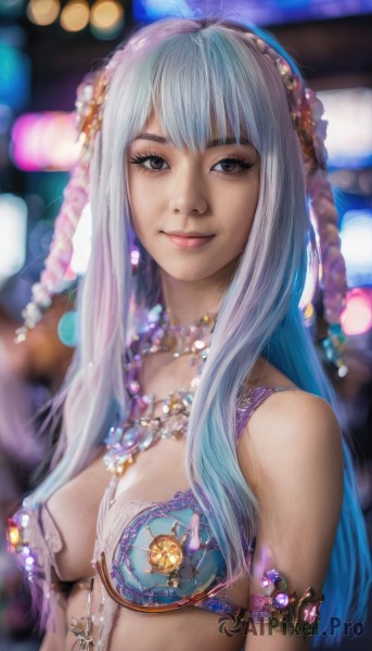 1girl,solo,long hair,breasts,looking at viewer,smile,bangs,hair ornament,cleavage,bare shoulders,brown eyes,jewelry,medium breasts,underwear,blue hair,swimsuit,upper body,white hair,bikini,multicolored hair,necklace,bra,blurry,black eyes,lips,grey eyes,eyelashes,depth of field,blurry background,gem,armlet,freckles,realistic,nose,bokeh,closed mouth,flower,hairband,earrings,artist name,hair flower,revealing clothes