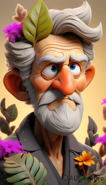 solo,blue eyes,hair ornament,1boy,upper body,flower,white hair,grey hair,male focus,japanese clothes,kimono,gradient,gradient background,facial hair,leaf,bug,portrait,beard,mustache,old,old man,wrinkled skin,collarbone,artist name,watermark,web address