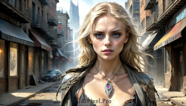 HQ,1girl,solo,long hair,breasts,looking at viewer,blue eyes,blonde hair,large breasts,cleavage,jewelry,medium breasts,underwear,collarbone,jacket,upper body,outdoors,parted lips,teeth,day,necklace,bra,armor,mole,lips,sunlight,ground vehicle,black bra,wind,building,motor vehicle,pendant,freckles,city,realistic,nose,car,road,street,sky,torn clothes,makeup,scenery,veins,dirty,mascara,pavement