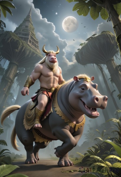 solo,looking at viewer,smile,open mouth,blonde hair,1boy,navel,animal ears,jewelry,nipples,tail,full body,male focus,outdoors,horns,sky,teeth,cloud,necklace,stomach,tree,muscular,night,facial hair,animal,leaf,abs,moon,pectorals,plant,muscular male,star (sky),nature,night sky,bara,beard,furry,full moon,starry sky,large pectorals,topless male,riding,bracer,furry male,bare pectorals,cloudy sky,bulge,mature male,cow horns,fake horns,navel hair,pig,nose piercing,thick arms,saddle