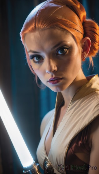 1girl,solo,breasts,looking at viewer,short hair,holding,brown eyes,jewelry,medium breasts,closed mouth,upper body,weapon,earrings,sleeveless,sword,hair bun,holding weapon,orange hair,lips,eyelashes,makeup,holding sword,single hair bun,lipstick,freckles,realistic,nose,glowing weapon,energy sword,lightsaber,blue eyes